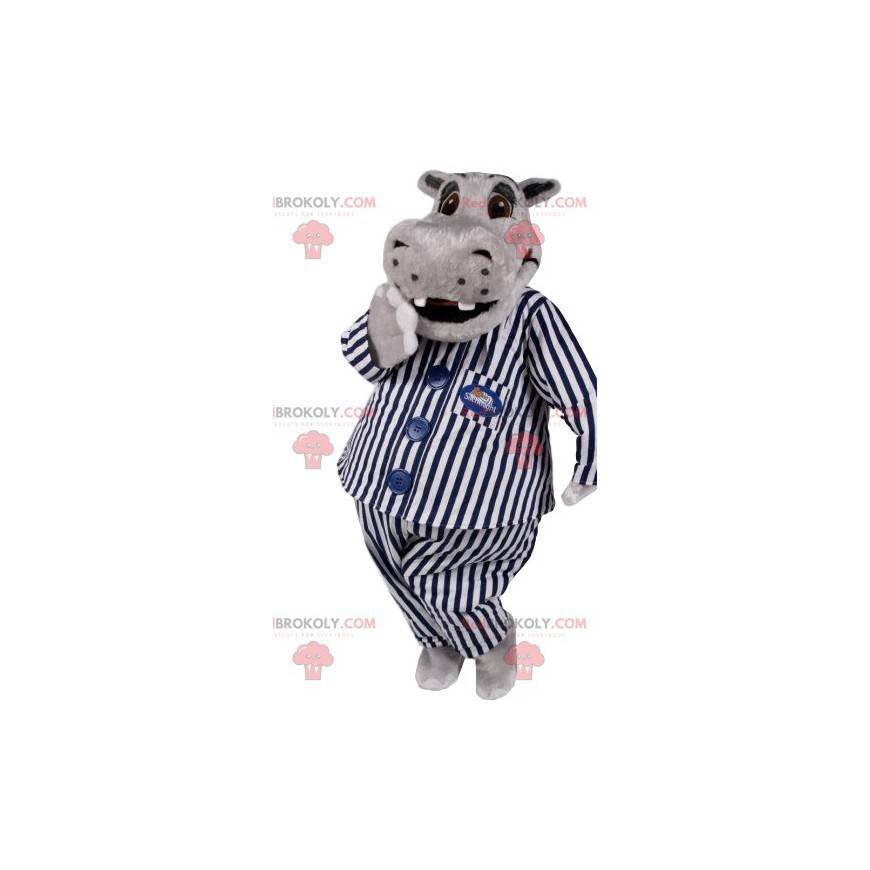 Maskot šedý hyppotamus v pruhovaném pyžamu. - Redbrokoly.com