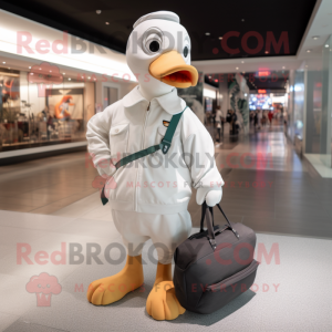 White Gosling mascot costume character dressed with a Joggers and Handbags
