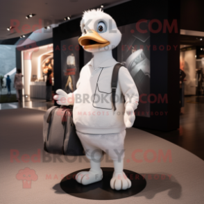 White Gosling mascot costume character dressed with a Joggers and Handbags