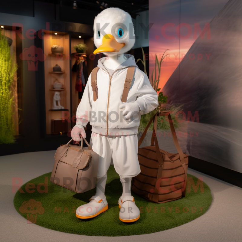 White Gosling mascot costume character dressed with a Joggers and Handbags White Gosling mascot costume character dressed with a Joggers and Handbags
