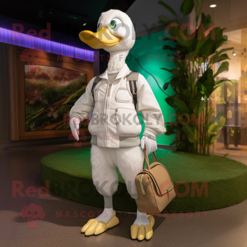 White Gosling mascot costume character dressed with a Joggers and Handbags