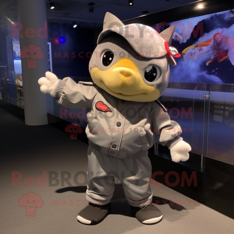 Gray Goldfish mascot costume character dressed with a Bomber Jacket and Headbands