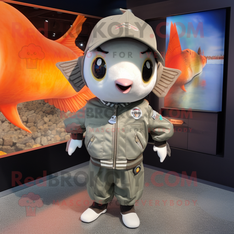 Gray Goldfish mascot costume character dressed with a Bomber Jacket and Headbands Gray Goldfish mascot costume character dressed with a Bomber Jacket and Headbands