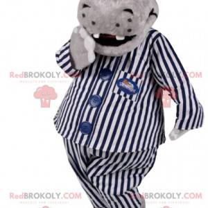 Grijze hyppotamus mascotte in gestreepte pyjama. -