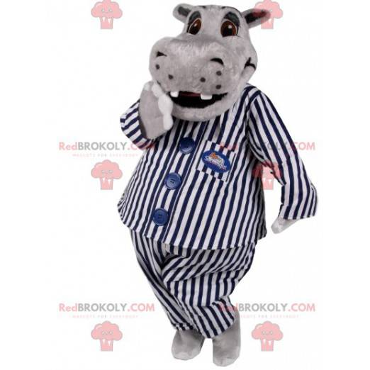 Hipotamo mascote cinza em pijama listrado. - Redbrokoly.com