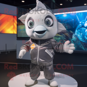 Gray Goldfish mascot costume character dressed with a Bomber Jacket and Headbands