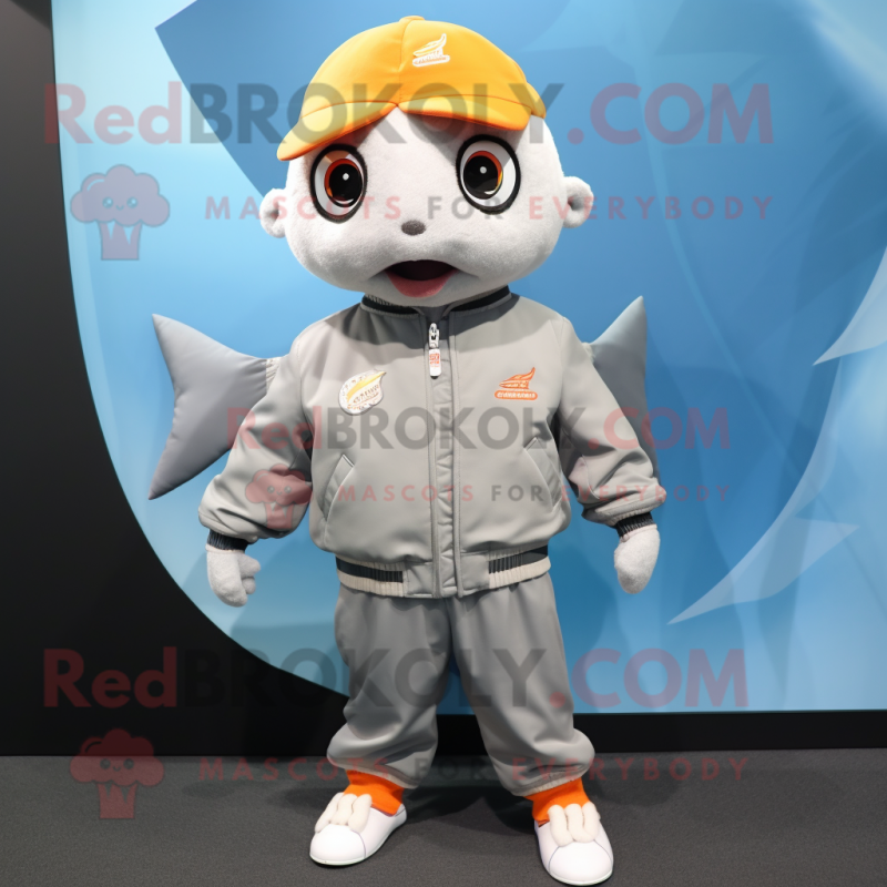 Gray Goldfish mascot costume character dressed with a Bomber Jacket and Headbands Gray Goldfish mascot costume character dressed with a Bomber Jacket and Headbands