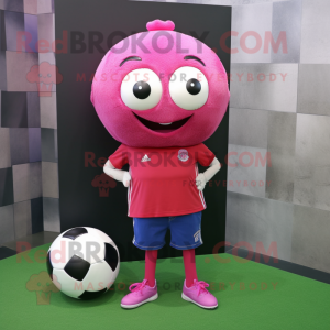 Magenta Soccer Ball mascot costume character dressed with a Jeans and Coin purses