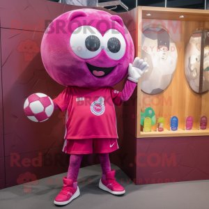 Magenta Soccer Ball mascot costume character dressed with a Jeans and Coin purses