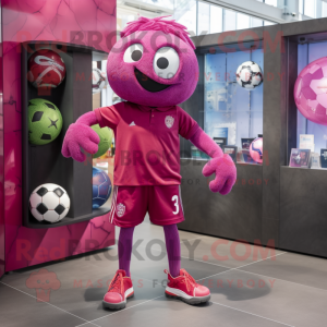 Magenta Soccer Ball mascot costume character dressed with a Jeans and Coin purses