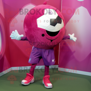 Magenta Soccer Ball mascot costume character dressed with a Jeans and Coin purses