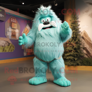 Turquoise Yeti mascot costume character dressed with a Cargo Pants and Shoe laces