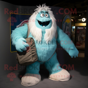 Turquoise Yeti mascot costume character dressed with a Cargo Pants and Shoe laces