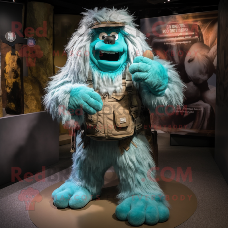 Turquoise Yeti mascot costume character dressed with a Cargo Pants and Shoe laces