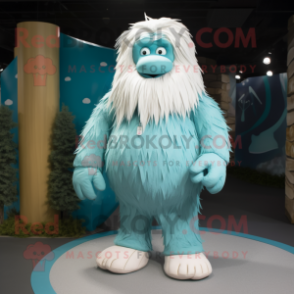 Turquoise Yeti mascot costume character dressed with a Cargo Pants and Shoe laces