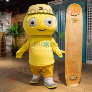 Lemon Yellow Skateboard mascot costume character dressed with a Cargo Shorts and Headbands