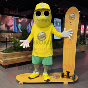 Lemon Yellow Skateboard mascot costume character dressed with a Cargo Shorts and Headbands