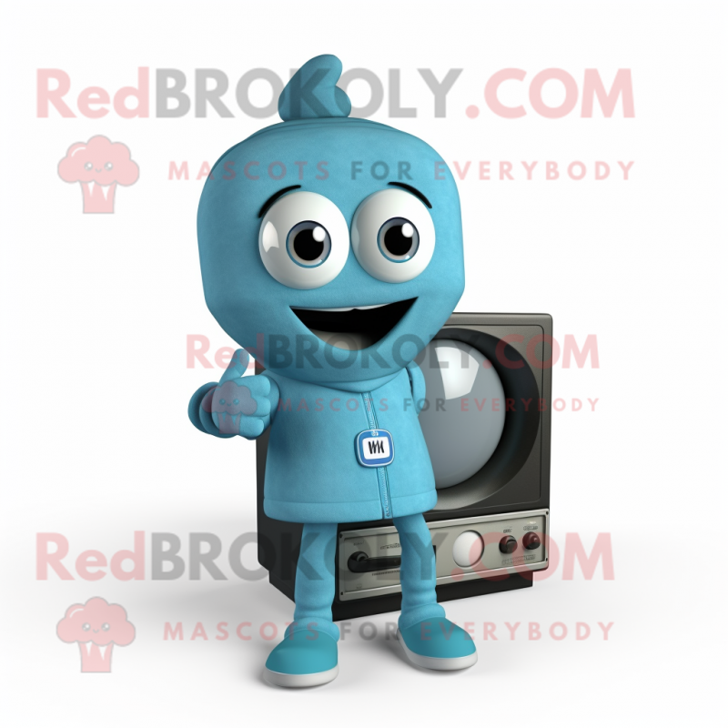 Cyan Television mascot costume character dressed with a Parka and Rings Cyan Television mascot costume character dressed with a Parka and Rings