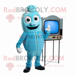 Cyan Television mascot costume character dressed with a Parka and Rings