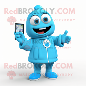 Cyan Television mascot costume character dressed with a Parka and Rings