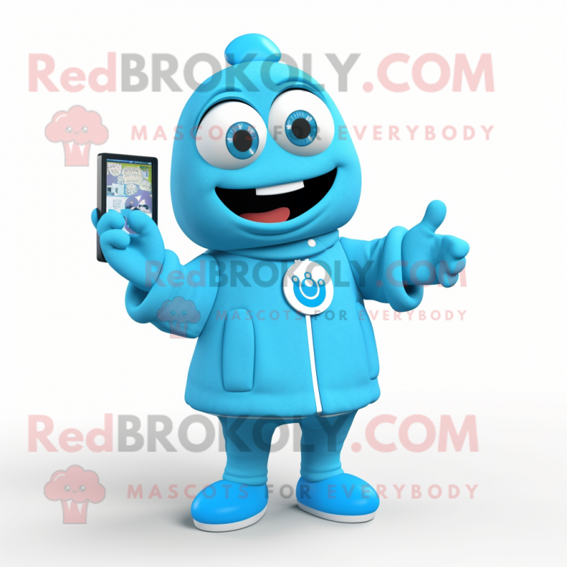 Cyan Television mascot costume character dressed with a Parka and Rings Cyan Television mascot costume character dressed with a Parka and Rings