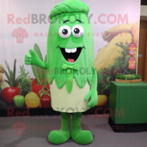 Forest Green Celery mascot costume character dressed with a Sweater and Lapel pins