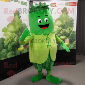 Forest Green Celery mascot costume character dressed with a Sweater and Lapel pins