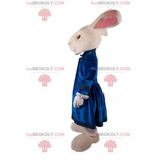 Biały królik maskotka z niebieskim aksamitnym żakietem -