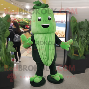 Forest Green Celery mascot costume character dressed with a Sweater and Lapel pins