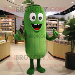 Forest Green Celery mascot costume character dressed with a Sweater and Lapel pins