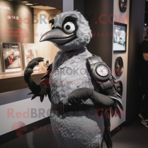 Silver Blackbird mascot costume character dressed with a Skinny Jeans and Digital watches