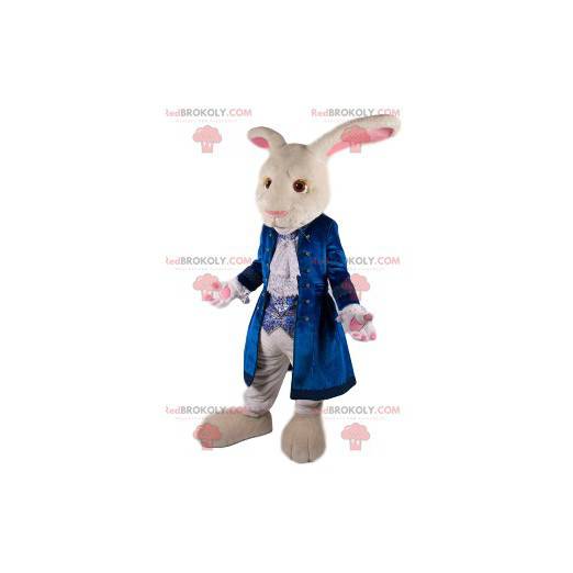 Weißes Kaninchenmaskottchen mit blauer Samtjacke -
