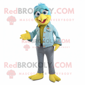 Turquoise Canary mascot costume character dressed with a Flare Jeans and Tie pins