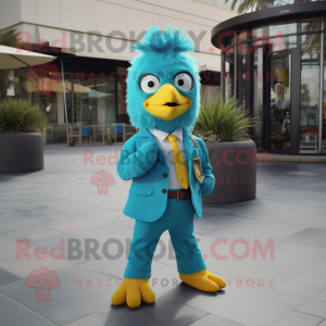 Turquoise Canary mascot costume character dressed with a Flare Jeans and Tie pins