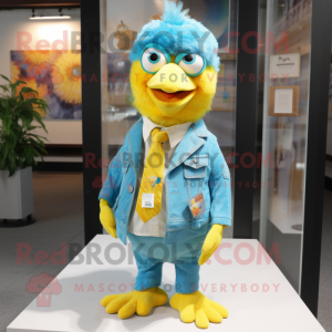 Turquoise Canary mascot costume character dressed with a Flare Jeans and Tie pins