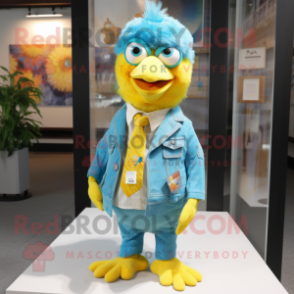 Turquoise Canary mascot costume character dressed with a Flare Jeans and Tie pins