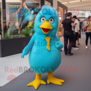 Turquoise Canary mascot costume character dressed with a Flare Jeans and Tie pins