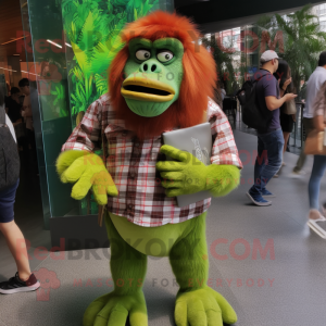 Lime Green Orangutan mascot costume character dressed with a Flannel Shirt and Clutch bags