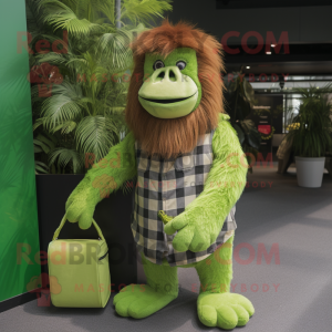 Lime Green Orangutan mascot costume character dressed with a Flannel Shirt and Clutch bags