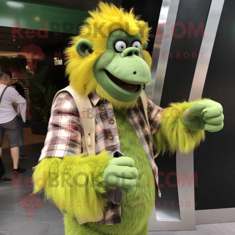 Lime Green Orangutan mascot costume character dressed with a Flannel Shirt and Clutch bags