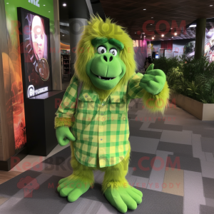 Lime Green Orangutan mascot costume character dressed with a Flannel Shirt and Clutch bags