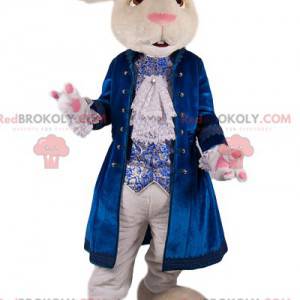 Biały królik maskotka z niebieskim aksamitnym żakietem -