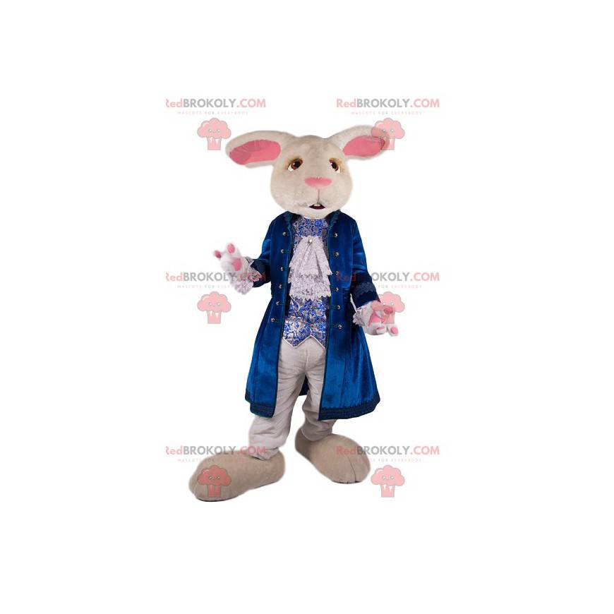 Mascotte de lapin blanc avec une veste en velours bleu -