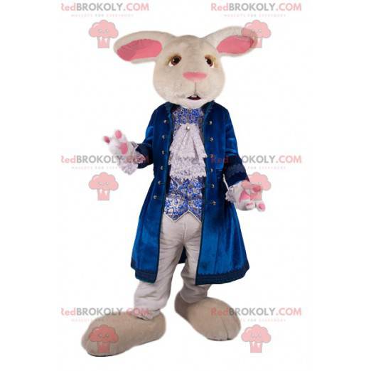 Wit konijn mascotte met een blauw fluwelen jasje -