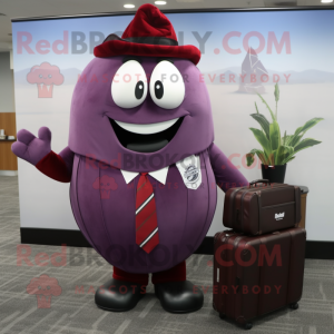 Maroon Eggplant mascot costume character dressed with a Dress Shirt and Briefcases