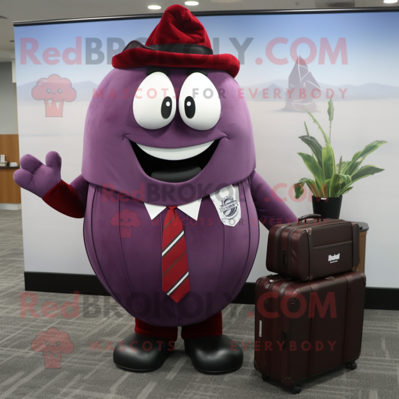 Maroon Eggplant mascot costume character dressed with a Dress Shirt and Briefcases