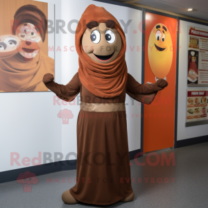 Brown Tikka Masala mascot costume character dressed with a Wrap Dress and Beanies