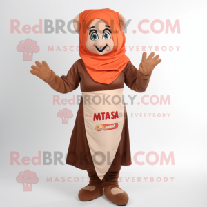 Brown Tikka Masala mascot costume character dressed with a Wrap Dress and Beanies