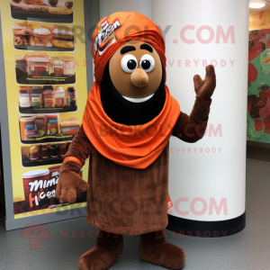 Brown Tikka Masala mascot costume character dressed with a Wrap Dress and Beanies