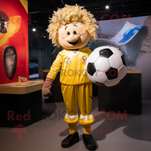 Gold Soccer Ball mascot costume character dressed with a Overalls and Ties
